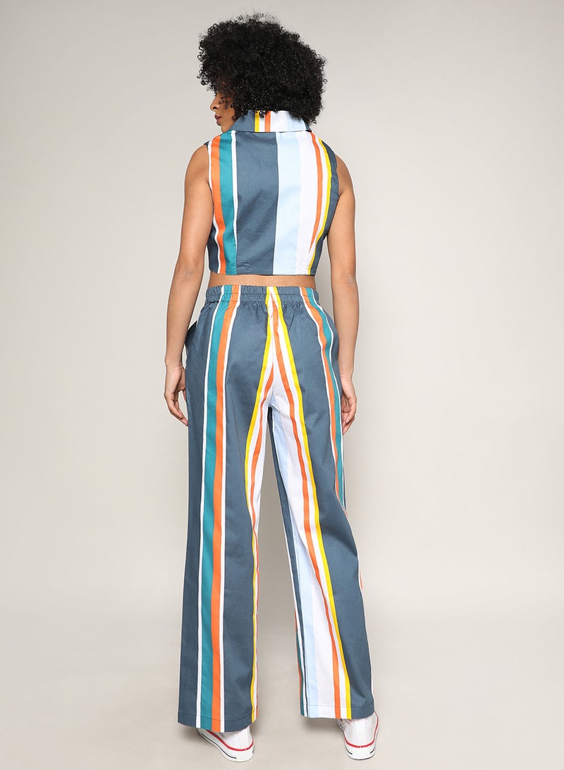 Campus Sutra Women's Multicolour Striped Vest Co-Ord Set For Casual Wear | Lapel Collar | No Sleeves | Button Closure | Co-Ords Crafted With Comfort Fit For Everyday Wear - Image 5